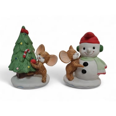 1980s Vintage Christmas Tree Mouse & Snowman Figurines, Winter Holiday Decorations, Homco #8905, Home Interiors, Mantel Table Decor, NOS NEW 