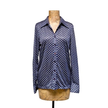 Vintage 1970s Wayne Rogers Navy/White Geometric Art Deco Pattern Blouse, 70s Long Sleeve Slim Fit Semi-Sheer Polyester Shirt, 36