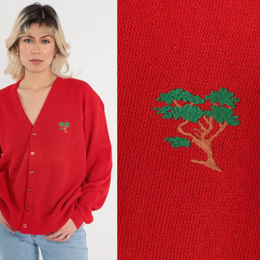 Red Cardigan 80s Button Up Knit Sweater Embroidered Tree V Neck Boho Hippie Retro Grandpa Sweater Slouchy Acrylic Vintage 1980s Large xl 