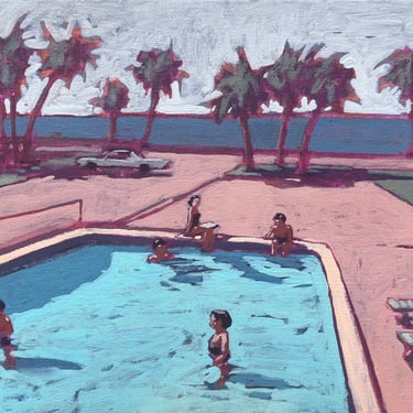 Pool #89 - Original Acrylic Painting on Canvas 16 x 12, people,  swimming, motel, summer, michael van, gallery wall, palm trees, retro art 
