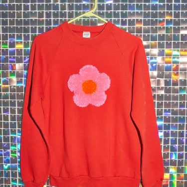 Tufted Vintage Raglan Crewneck Sweatshirt, tomato red, pink flower, handmade gift. 