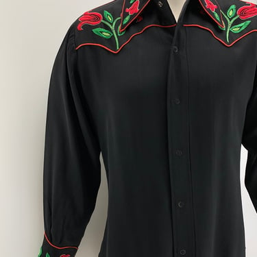 1940'S Western Shirt- Black Wool Gabardine - Beautiful Embroidery - Black Snap Buttons - Men's Medium 