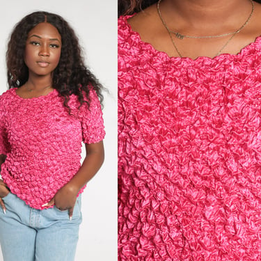 Hot Pink Popcorn Shirt Y2K Crop Top Retro Textured Bright Cropped Blouse Short Sleeve Magic Bubble Top Summer Vintage 00s Small Medium Large 