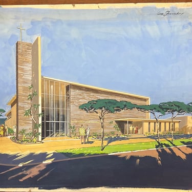 1960s architectural rendering, original painting 