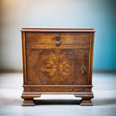 Art Deco nightstand with drawer and cabinet door – walnut veneer front – 1930s bedside table 