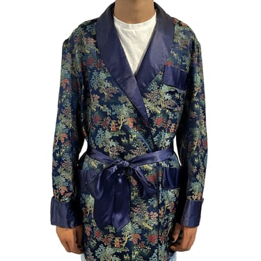 1950S Navy Embroidered Silk Smoking Jacket 