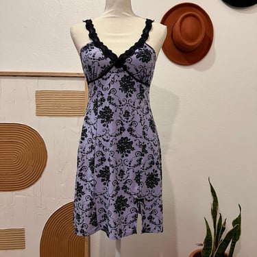 Y2K Lavender Purple with Black Floral Lace Bow Trim Deep V Mini Slip Dress 