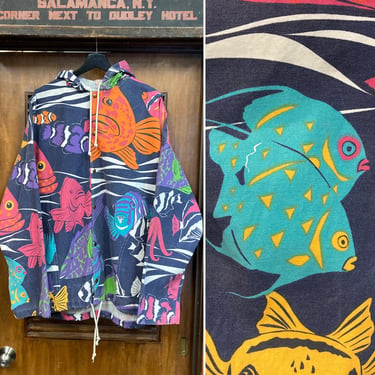 Vintage 1980’s -Deadstock- “Michigan Rag” Exotic Fish Underwater Print Hooded Beach Jacket, Size XL, Oversize, Vintage Clothing 