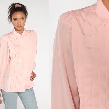 Pink Pleated Blouse 80s Secretary Top Long Puff Sleeve Collared Shirt Retro Secretary Hidden Button Up Pastel Chic Vintage 1980s Medium 