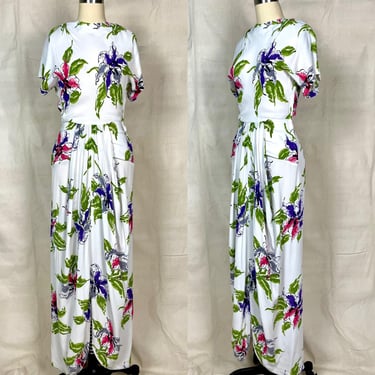 Vintage 1940s Gown Rayon with Bright Iris Flower Print Glamour Draping Dress 