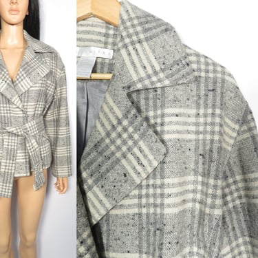 Vintage 90s Plaid Wool Blend Belted Cropped Jacket Size S 