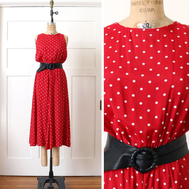vintage 1990s red rayon polka dot dress • sleeveless swingy skirt sundress 