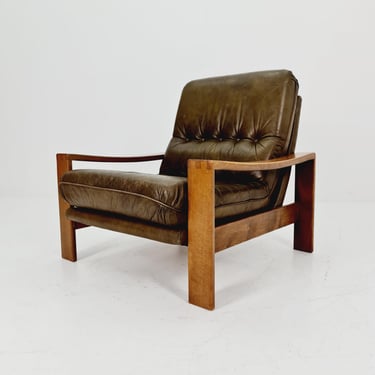 Mid Century Scandinavian Solid Oak & Leather lounge chair/ Easy chair 1960s 