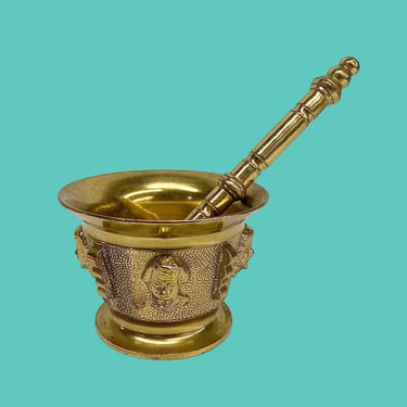 Vintage Mortar and Pestle Retro 1960s Mid Century Modern + Brass Metal + Two Pieces + Heavy + Mans Face + Spice Grinder + Apothecary + MCM 