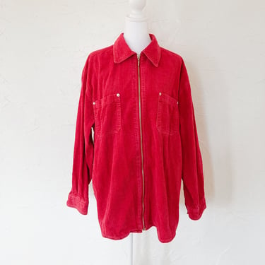 80s Red Corduroy Wide Wale Zip Up Collared Cotton Jacket | Large/Extra Large 