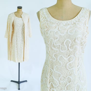 1960s Creme Soutache Lace Dress & Jacket Set | 60s Ivory Lace Wedding Dress Set | Elegant Miss California | Medium 