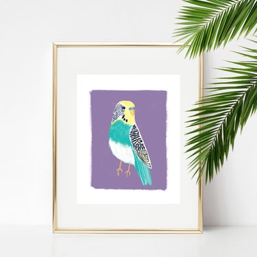Blue and Yellow Parakeet Art Print/ Small Bird Home Decor/ Budgie Animal Illustration Wall Art/ Girls Bedroom Giclee Print 