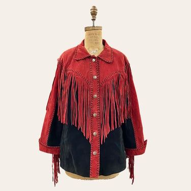 Vintage Bob Mackie Jacket Retro Size Medium + NEVER WORN/tags attached + Western + Wearable Art + Suede + Red + Black + Fringe + Button Up 