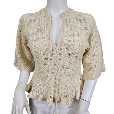 1970s Cream Crochet Top I Blouse I Shirt I Sz Med I Bell Sleeves 