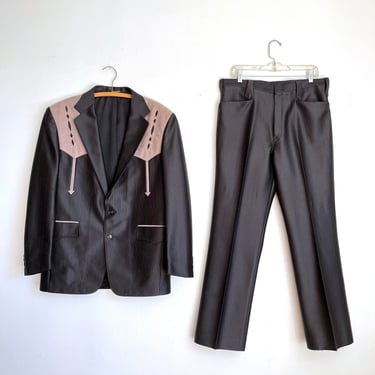 Vintage Pagano West Two Piece Western Rockabilly Black & Tan Suit. Size 42R x 36 