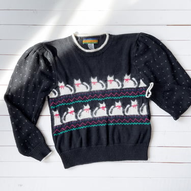 cat sweater 80s vintage Bryn Connelly black white knit sweater 