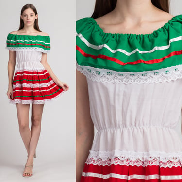 Vintage Mexican Off Shoulder Peasant Mini Dress - Extra Small | White Red Green Striped Lace Trim Festival Dress 