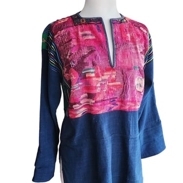 Vintage 70s Guatemalan Tunic Top Indigo Denim Needlepoint Embroidery Folk Shirt 