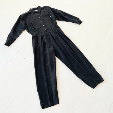 1980s Black Washed Silk Jumpsuit 