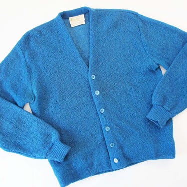 Vintage 60s Blue Mohair Wool Knit Cardigan  M L - 1960s Mens V Neck Grandpa Grunge Sweater Side Tab Buttons 