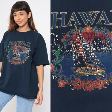 Hawaii Sailboat T Shirt Tropical Shirt 00s Graphic Tee Navy Blue Nautical TShirt Sailor Floral Retro Vintage T Shirt Y2K Extra Large xl 