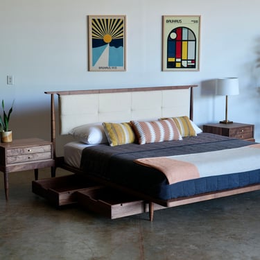 Solid Walnut Wood Bed with Upholstered Headboard | Storage Optional | Wood Bedframe | Mid Century Modern Furniture | Wooden Platform Bed 