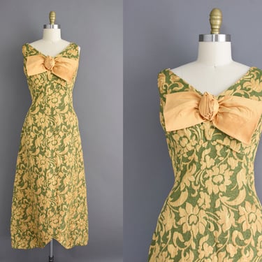 1960s Vintage Dress l Gold & Green Tapestry Floral Party Full Length Party Dress | Large 