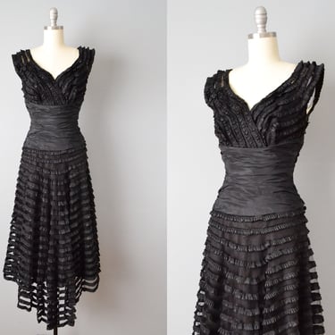 1940s Black Netted Dress / 40s Cocktail Dress / 1950s Party Dress / Little Black Dress / Size Extra Small 