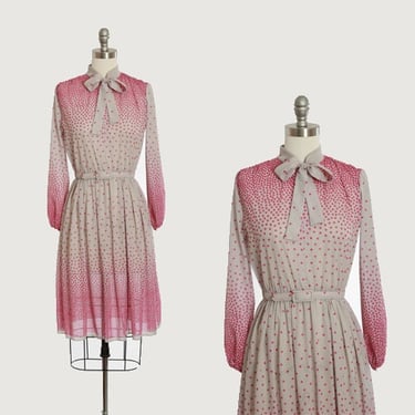 Vintage 70s polka dot ombre ascot bow dress 