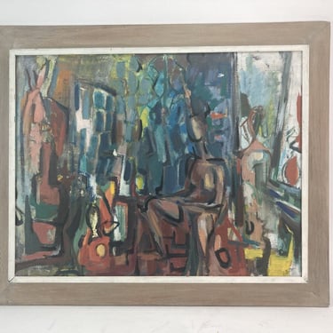 Vintage Midcentury Modern Abstract Oil Painting w Figures signed Potter 
