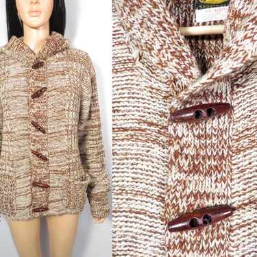 Vintage 70s Marbled Knit Space Dyed Wooden Toggle Hooded Cardigan Size S 