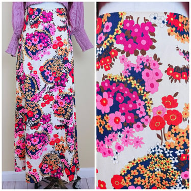 1970s Vintage Deadstock Montgomery Ward Skirt / 70s Neon Pink Floral Cotton Maxi Skirt / Size Small - Medium 
