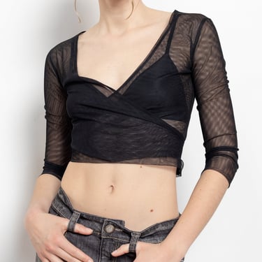 SHEER BLACK MESH Shirt Wrap Vintage Tie Up See Through Party / Xs 