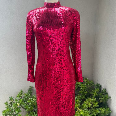 Vintage disco dress ruby red sequins keyhole back Sz 10 by NiteLine 