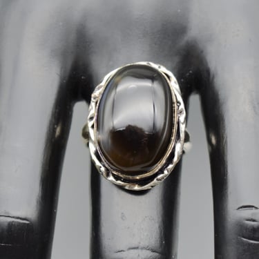 70's black tourmaline enamel edged 925 silver size 7.75 rocker solitaire, big twisted sterling hippie ring 