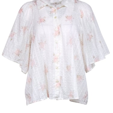 The Great - Ivory w/ Pink Floral Print Semi Sheer Textured Blouse Sz L