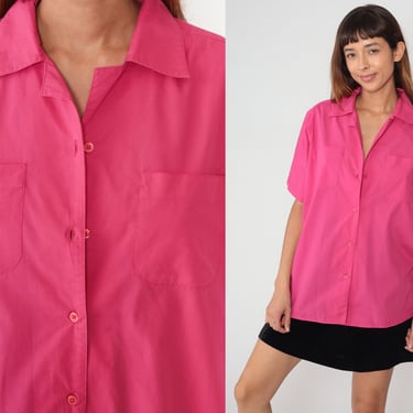 Pink Blouse 80s Button Up Shirt Plain Short Sleeve Top Preppy Basic Collared Minimalist Simple Solid Chest Pocket Vintage 1980s xl 18w 