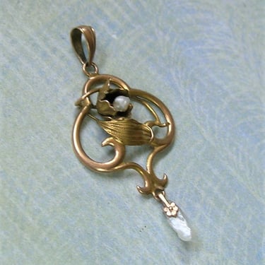 Antique 10K Gold Art Nouveau Lavaliere Pendant With Pearls, Antique Gold Lavaliere Pendant, Bridal Jewelry  (#4080) 