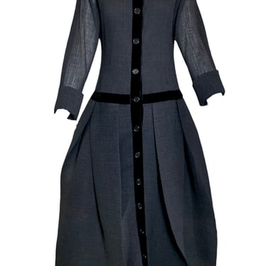 Romeo Gigli 90s  Rare Long Dress in Black Plisse with Velvet Trim