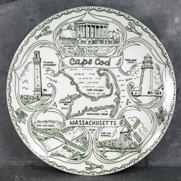 Vintage Cape Cod Souvenir Plate | Green & White Cape Cod Souvenir Plate | Circa 1960s | Plymouth Rock | Pilgrim Monument | Cape Cod Canal 