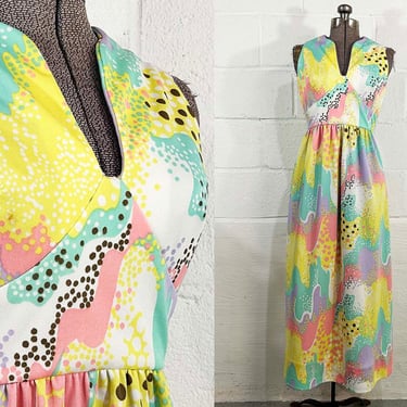 Vintage Maxi Dress Shannon Rodgers for Jerry Silverman 1960s Colorful Floral Abstract Sleeveless Hostess Gown Mod 60s Small XS 