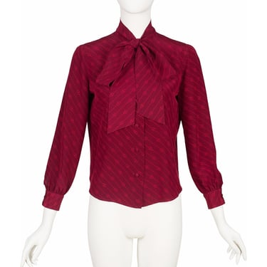Gucci 1970s Vintage GG Print Burgundy Silk Tie-Neck Blouse 