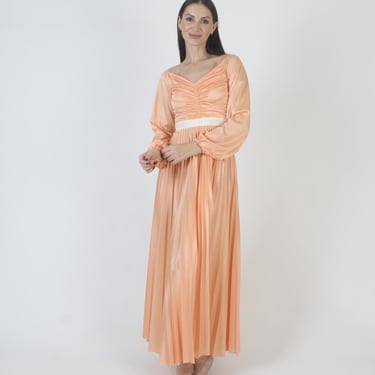 Long Orange Grecian Goddess Dress, Vintage Disco Party Maxi, 70s Ancient Roman Costume 