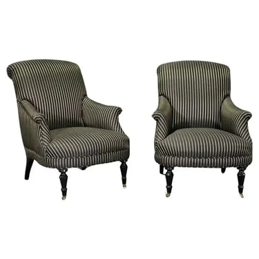 Gorgeous Pair of Elegant Ebonized Bergere Club Chairs