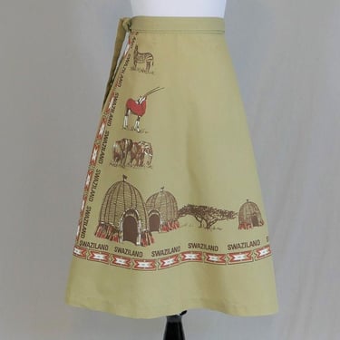 80s 90s Wrap Skirt - Swaziland Africa print - elephants, zebra, antelope - Browns - Usuthu African Garment - Vintage 1980s 1990s - L 